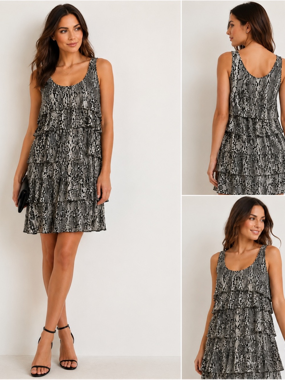 VTG Y2K Kenneth Cole Black/Gray Snake-Print Silk Tiered Ruffle Mini Dress Sz 12